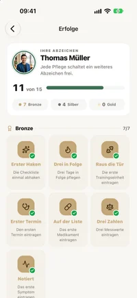 FichaMed Erfolgsansicht mit Abzeichen, gruppiert in Regale für Bronze, Silber und Gold.