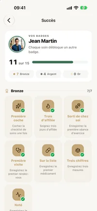 Écran des réussites de FichaMed avec les sceaux regroupés en étagères bronze, argent et or.