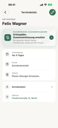 Termindetails in FichaMed mit Fachrichtung, Name der Fachkraft, Datum und persönlichen Notizen.