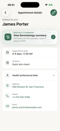 FichaMed appointment screen showing the visit, the specialty and the professional