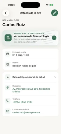 Pantalla de consulta de FichaMed con la visita, la especialidad y el profesional
