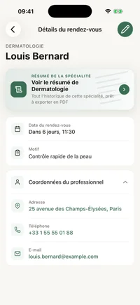 Écran de détail d’un rendez-vous dans FichaMed avec la spécialité, le nom du professionnel, la date et des notes personnelles.