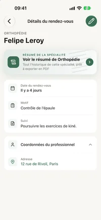 Écran de détail d’un rendez-vous dans FichaMed avec la spécialité, le nom du professionnel, la date et des notes personnelles.