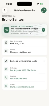 Tela de detalhe de consulta no FichaMed com especialidade, nome do profissional, data e observações pessoais.
