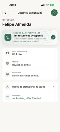 Tela de consulta do FichaMed com a visita, a especialidade e o profissional
