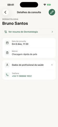 Tela de detalhe de consulta no FichaMed com especialidade, nome do profissional, data e observações pessoais.
