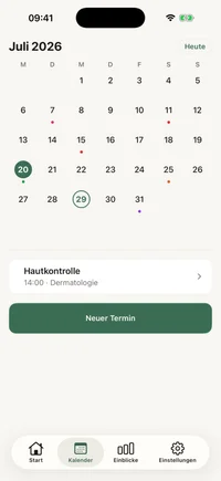 Monatskalender von FichaMed mit markierten Termintagen und dem Tagesplan darunter.