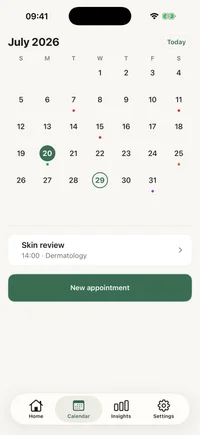 FichaMed monthly calendar with appointment days marked and the selected day’s schedule below.