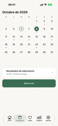 Pantallas de calendario y resumen de FichaMed para preparar la consulta