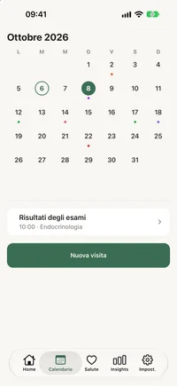 Calendario mensile di FichaMed con i giorni di visita segnati e l’agenda del giorno selezionato sotto.