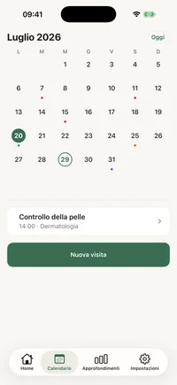 Calendario mensile di FichaMed con i giorni di visita segnati e l’agenda del giorno selezionato sotto.
