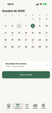 Telas de calendário e resumo do FichaMed usadas para preparar a consulta