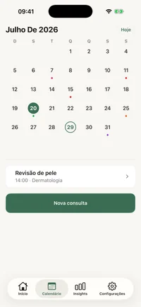 Calendário mensal do FichaMed com os dias de consulta marcados e a agenda do dia selecionado abaixo.