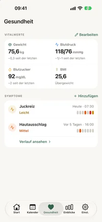 FichaMed Gesundheits-Tab mit aktuellem Gewicht, Blutdruck, Blutzucker und BMI und den letzten Einträgen darunter.