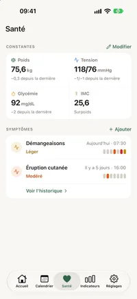 Onglet Santé de FichaMed avec le poids, la tension, la glycémie et l’IMC actuels, et les derniers relevés en dessous.