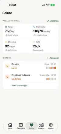 Scheda Salute di FichaMed con peso, pressione, glicemia e IMC attuali e gli ultimi registri sotto.