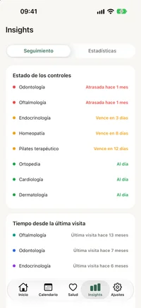 Pestaña Salud de FichaMed con peso, presión, glucemia e IMC actuales sobre los últimos registros