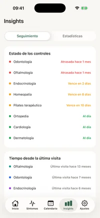Pantalla de registros de FichaMed con síntomas y tarjetas de mediciones