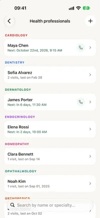 FichaMed list of health professionals, each with a specialty and contact details.