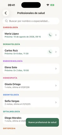 Lista de profesionales de la salud en FichaMed, cada uno con su especialidad y datos de contacto.
