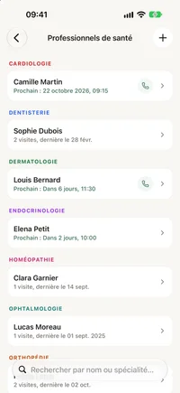 Liste des professionnels de santé dans FichaMed, chacun avec sa spécialité et ses coordonnées.