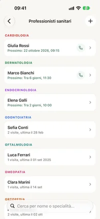 Elenco dei professionisti sanitari in FichaMed, ognuno con specialità e contatti.