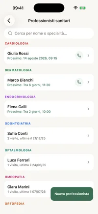 Elenco dei professionisti sanitari in FichaMed, ognuno con specialità e contatti.